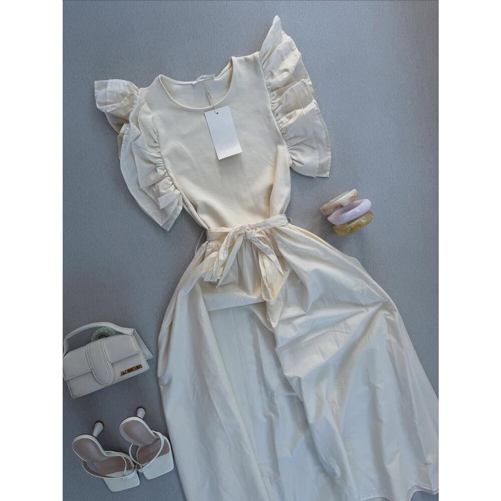 ZARA Ruffled Midi Dress NWT | Ecru Cotton Fit & Flare Belted Size M/L - Picture 15 of 16